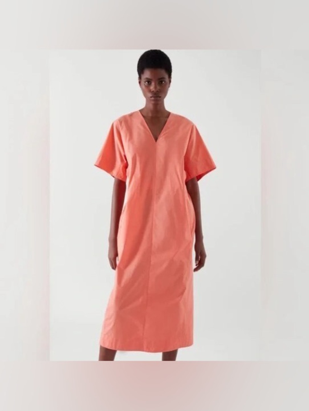Cos V-neck Kaftan Lightweight Shirtdress Midi Dress Orange Coral Poplin 8 Relax